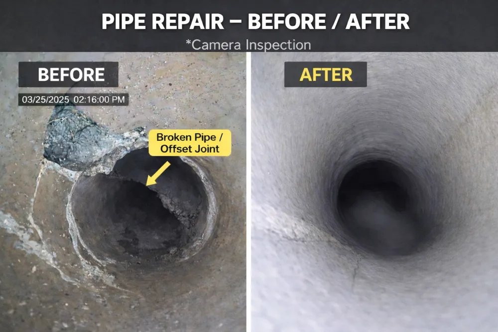 Pipe repair before and after — camera inspection shows broken offset joint, CIPP lining restores smooth flow