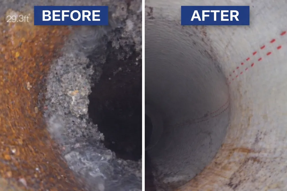 Hydro-jetting before and after — heavy grease and buildup removed, pipe fully cleared