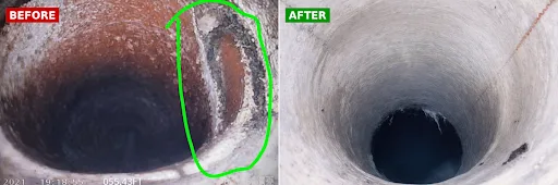 Sewer camera inspection before and after — cracked pipe identified and repaired