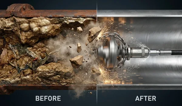Hydro-jetting chain cutter clearing severe blockage — before and after results