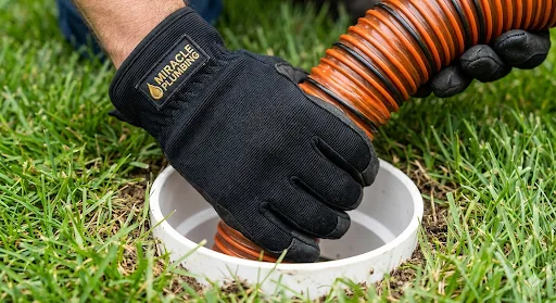 Miracle Plumbing technician feeding drain cable into cleanout Cook County