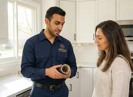 Miracle Plumbing technician explaining pipe repair to homeowner Cook County